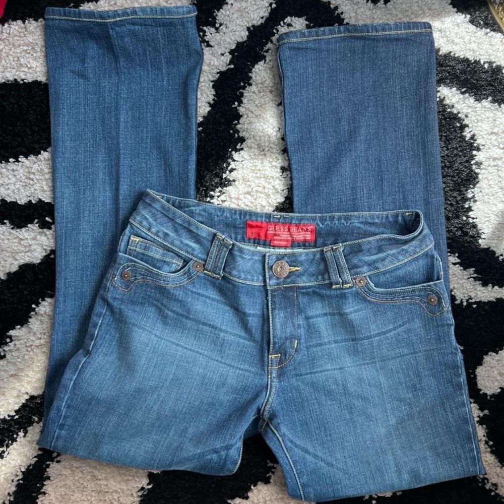 Y2K vintage guess denim jeans low rise flare with gorgeous floral detailing